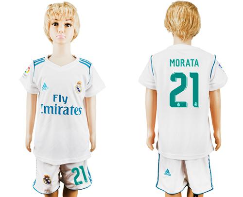 Real Madrid #21 Morata White Home Kid Soccer Club Jersey